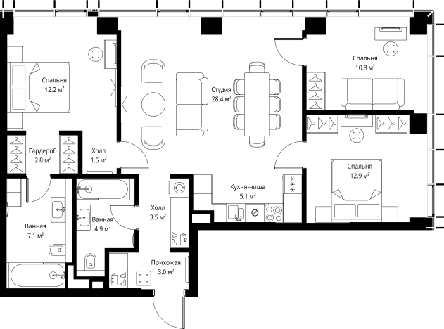 Купить трехкомнатную квартиру в ЖК Symphony 34 в Москве. Вариант № 141499, 0, площадь -  квм, цена 53107200 рублей