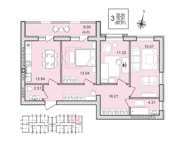 Купить трехкомнатную квартиру в новостройках в Воронежской области. Вариант № 111025, 0, площадь - квм, цена 8485050 рублей