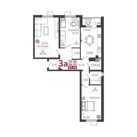 . Вариант № 120277, 0, площадь - 89.48 квм, цена 6711000 рублей