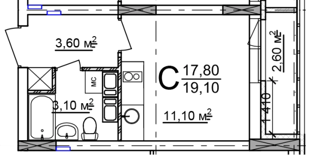 . Вариант № 143058, 0, площадь - 19.1 квм, цена 3877300 рублей