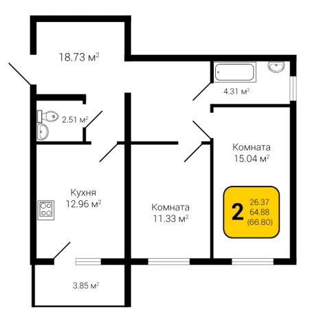 . Вариант № 1165550, 1, площадь - 66.8 квм, цена 7682000 рублей