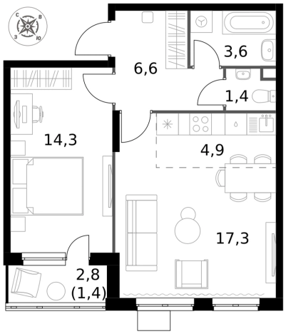 . Вариант № 9953623, 0, площадь - 49.5 квм, цена 14562900 рублей