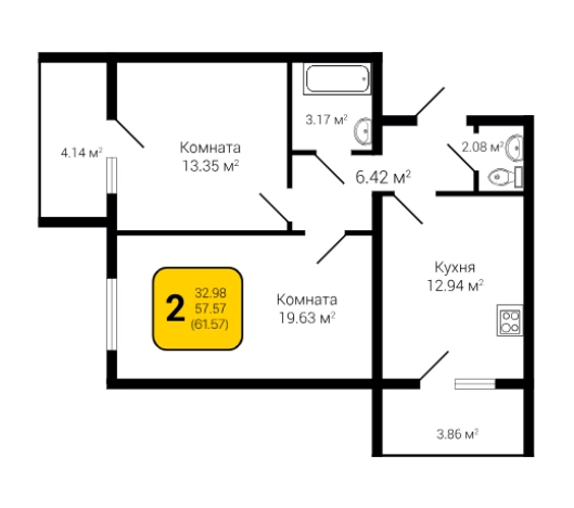 . Вариант № 1166054, 1, площадь - 61.57 квм, цена 7080550 рублей