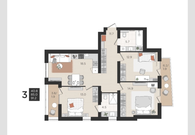 Купить трехкомнатную квартиру на улице Олега Кошевого в Калининграде. Вариант № 554, 19, площадь -  квм, цена 9945000 рублей