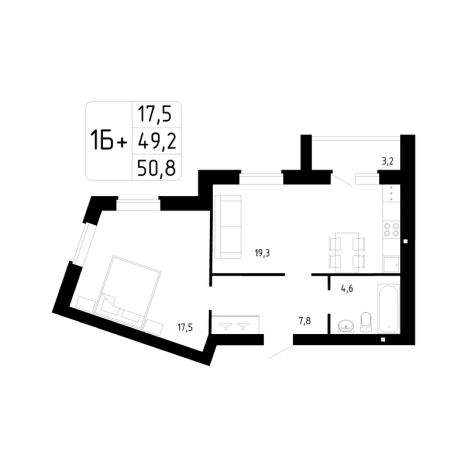 . Вариант № 102691, 0, площадь - 50.8 квм, цена 5339000 рублей