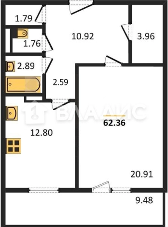 . Вариант № 91441, 0, площадь - 61.8 квм, цена 5871000 рублей