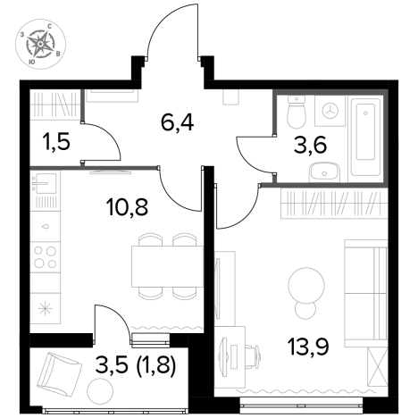 Купить однокомнатную квартиру у метро Битца в Видном. Вариант № 9838461, 0, площадь -  квм, цена 11175940 рублей