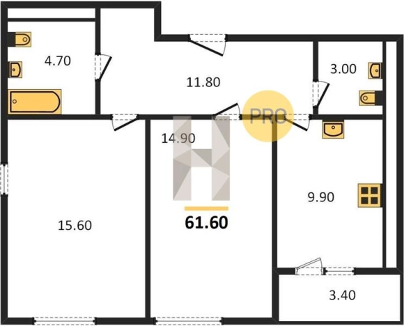 . Вариант № 61804, 0, площадь - 61.6 квм, цена 5415920 рублей