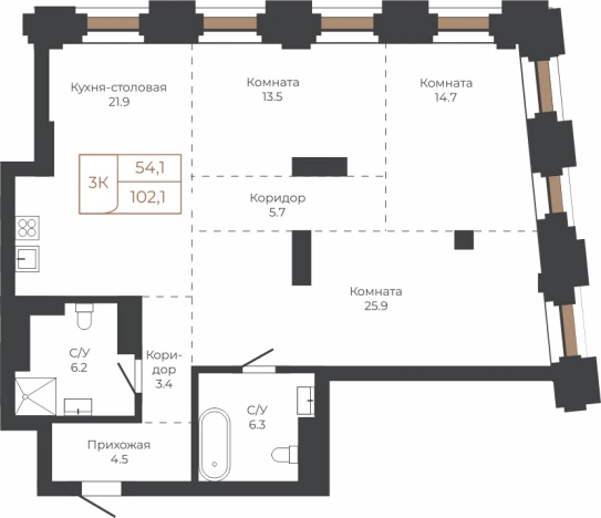 Купить трехкомнатную квартиру в Барнауле. Вариант № 6841092, 0, площадь -  квм, цена 25544880 рублей