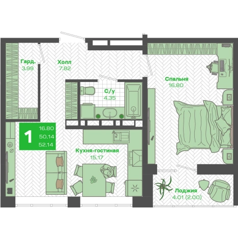 . Вариант № 6059140, 0, площадь - 50.14 квм, цена 9700000 рублей