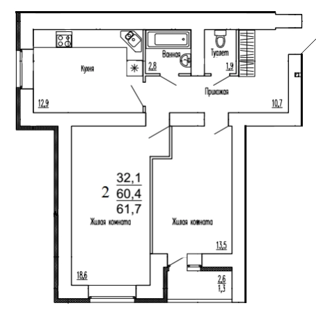 . Вариант № 78340, 0, площадь - 61.7 квм, цена 5861500 рублей