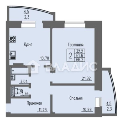 . Вариант № 17124, 0, площадь - 66.2 квм, цена 7550000 рублей