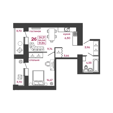 . Вариант № 7527967, 0, площадь - 51.84 квм, цена 4976640 рублей