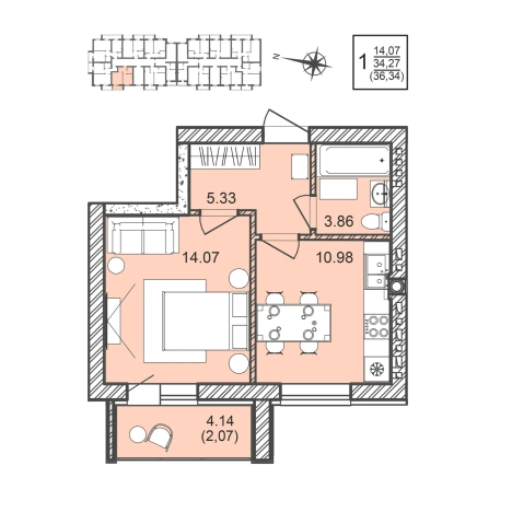 Купить однокомнатную квартиру в ЖК Александровский сад в Воронежской области. Вариант № 137533, 0, площадь -  квм, цена 5116708 рублей