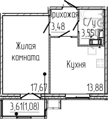 . Вариант № 6057058, 0, площадь - 38.58 квм, цена 7897537 рублей