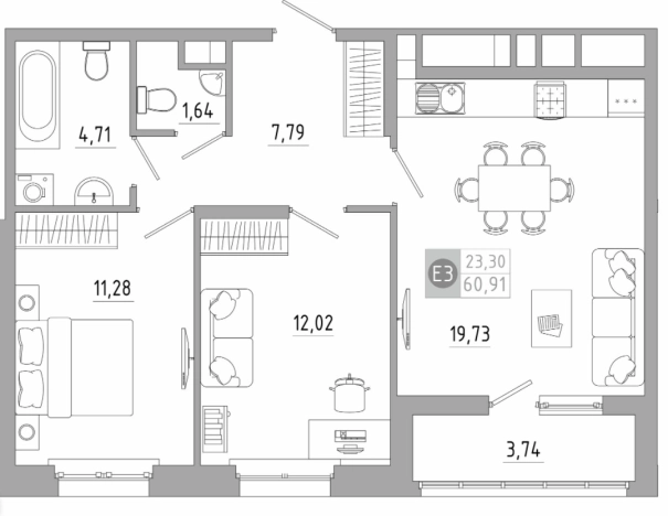 Купить двухкомнатную квартиру в новостройках в Туле. Вариант № 71426, 0, площадь -  квм, цена 5967363 рублей