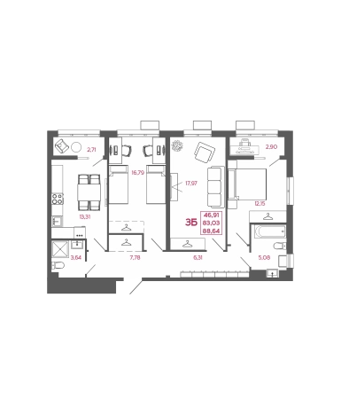 . Вариант № 7658550, 0, площадь - 88.64 квм, цена 6958240 рублей