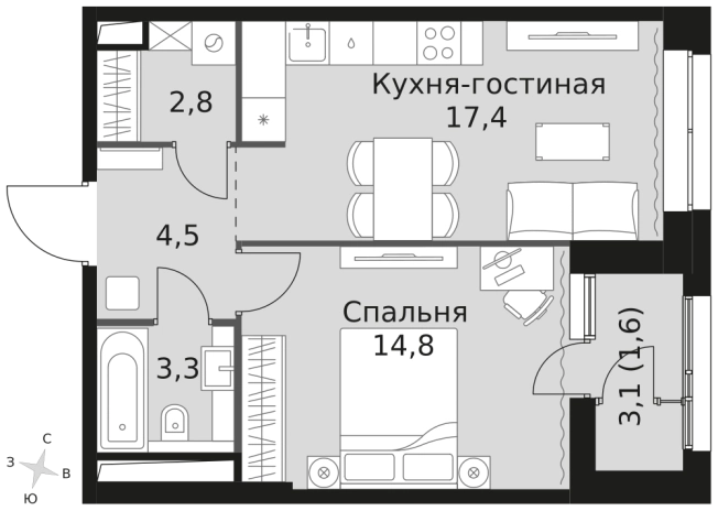 . Вариант № 104173, 0, площадь - 44.4 квм, цена 23465400 рублей