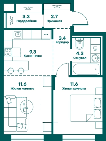 Купить двухкомнатную квартиру в новостройках в Одинцове. Вариант № 145221, 0, площадь -  квм, цена 9545469 рублей