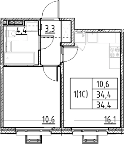 . Вариант № 9328138, 0, площадь - 34.4 квм, цена 9134369 рублей