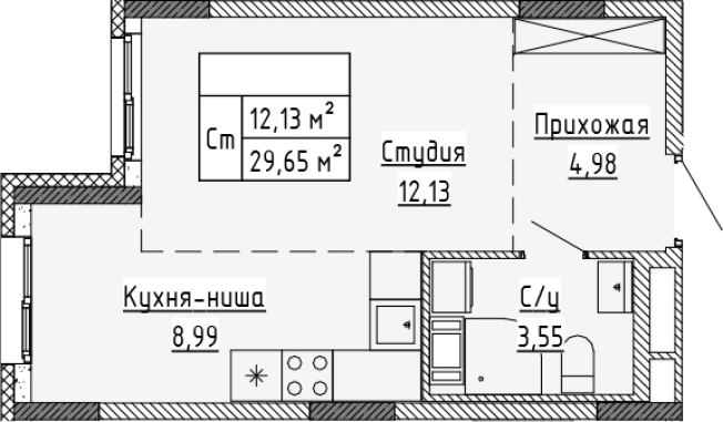 . Вариант № 6228196, 0, площадь - 29.65 квм, цена 3824500 рублей
