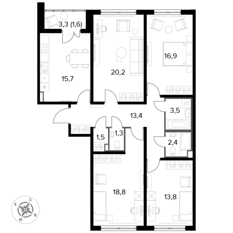 Купить многокомнатную квартиру в новостройках в районе Савёловский в Москве. Вариант № 9838450, 0, площадь -  квм, цена 23739600 рублей
