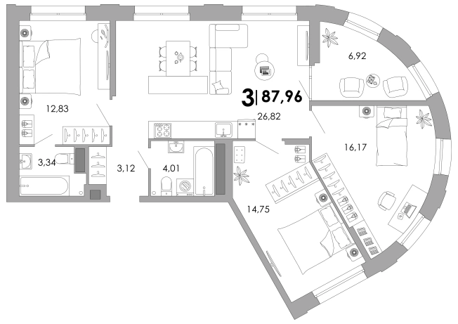 . Вариант № 148160, 0, площадь - 87.96 квм, цена 14953200 рублей