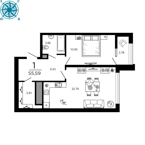 . Вариант № 77621, 0, площадь - 55.59 квм, цена 9644649 рублей