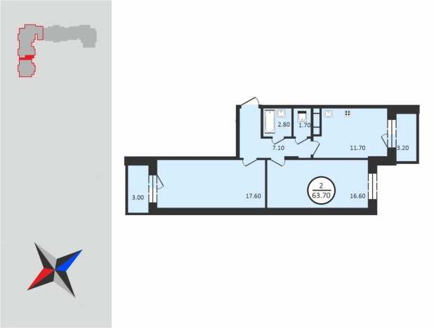 . Вариант № 65033, 1, площадь - 60.6 квм, цена 7878000 рублей
