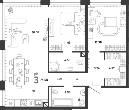 . Вариант № 96186, 0, площадь - 75.58 квм, цена 47040000 рублей