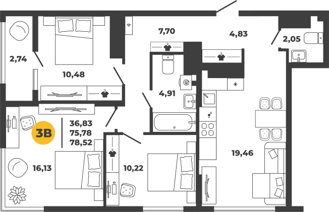 . Вариант № 100202, 0, площадь - 77.15 квм, цена 9065125 рублей