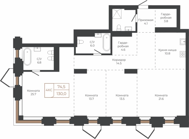 . Вариант № 6841302, 0, площадь - 129.6 квм, цена 32324832 рублей