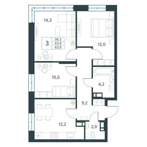 Купить трехкомнатную квартиру в ЖК мкр. Хороший в Чите. Вариант № 151679, 0, площадь -  квм, цена 11885400 рублей