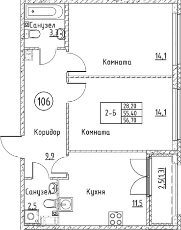 . Вариант № 6829707, 0, площадь - 55.4 квм, цена 10063967 рублей