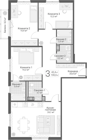 Купить трехкомнатную квартиру в ЖК Руднева, 15 в Санкт-Петербурге. Вариант № 7603609, 0, площадь -  квм, цена 23550000 рублей