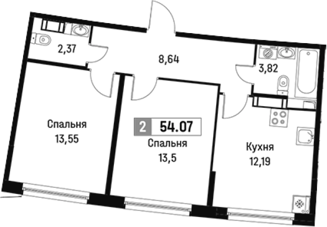 . Вариант № 6213332, 0, площадь - 54.07 квм, цена 9419941 рублей