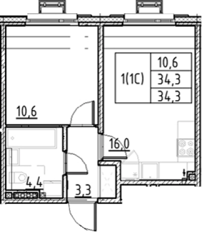 . Вариант № 9328125, 0, площадь - 34.3 квм, цена 9478770 рублей