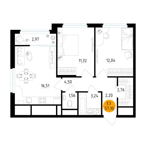 Купить двухкомнатную квартиру в ЖК Смарт квартал «Центральный» в Рязани. Вариант № 154211, 0, площадь -  квм, цена 7307087 рублей