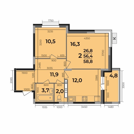 . Вариант № 2731733, 3, площадь - 58.8 квм, цена 6097560 рублей