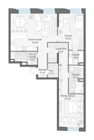 Купить трехкомнатную квартиру в ЖК FORIVER в Москве. Вариант № 107930, 0, площадь -  квм, цена 62790000 рублей