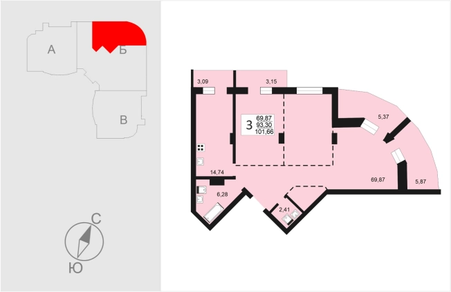 Купить трехкомнатную квартиру в ЖК Отражение в Владимире. Вариант № 74026, 0, площадь -  квм, цена 12504180 рублей