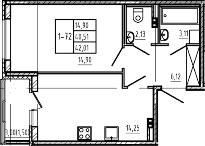 . Вариант № 6963491, 0, площадь - 40.51 квм, цена 7771850 рублей