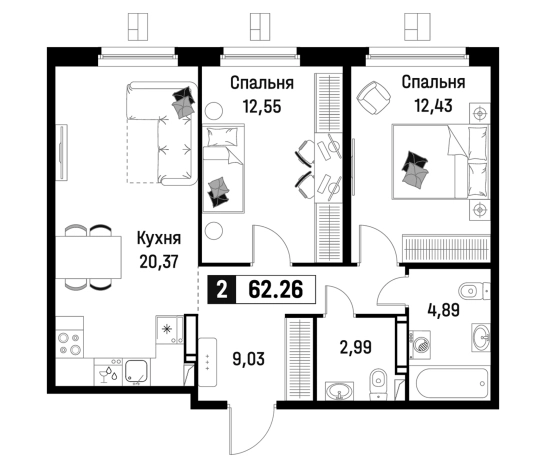. Вариант № 6866603, 0, площадь - 62.26 квм, цена 10591197 рублей