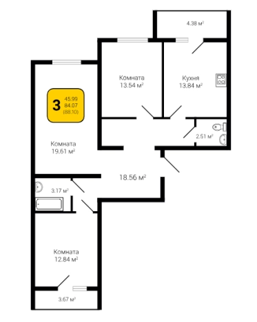 Купить трехкомнатную квартиру в новостройках в Воронежской области. Вариант № 111027, 1, площадь - квм, цена 9250500 рублей