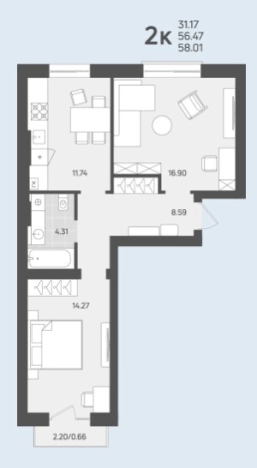 Купить двухкомнатную квартиру в новостройках в районе Центральный в Калининграде. Вариант № 103944, 0, площадь -  квм, цена 5929350 рублей
