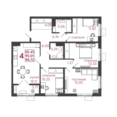 Купить четырехкомнатную квартиру в Пензенской области. Вариант № 130157, 0, площадь -  квм, цена 8292480 рублей