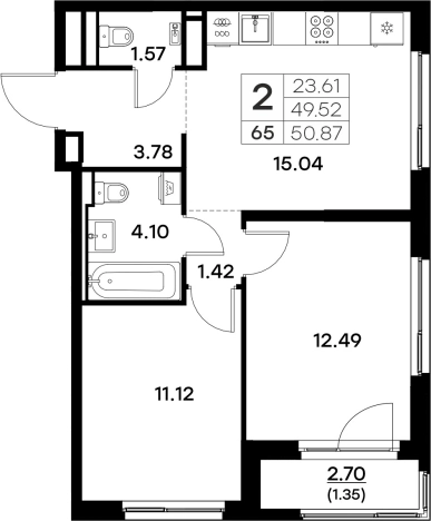 . Вариант № 133651, 1, площадь - 50.87 квм, цена 7549999 рублей