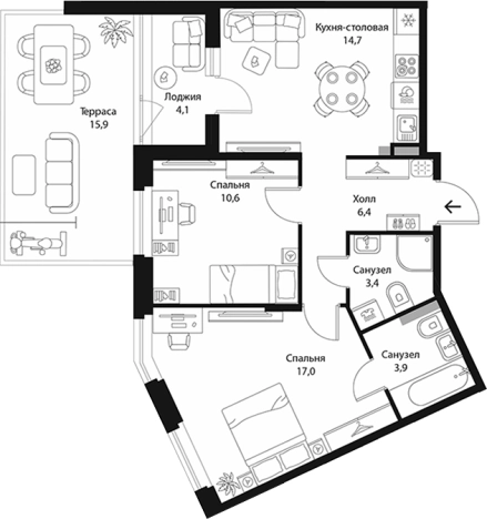 . Вариант № 7829533, 0, площадь - 55.98 квм, цена 14632400 рублей