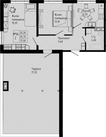 . Вариант № 8472773, 0, площадь - 55.7 квм, цена 9780000 рублей