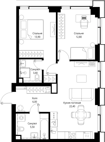 Купить двухкомнатную квартиру у метро Тушинская в Москве. Вариант № 1640051, 0, площадь -  квм, цена 30764800 рублей